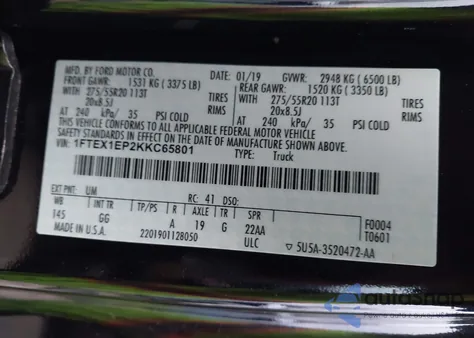 2019 Ford F-150 Xl from USA, damaged, VIN 1FTEX1EP2KKC65801